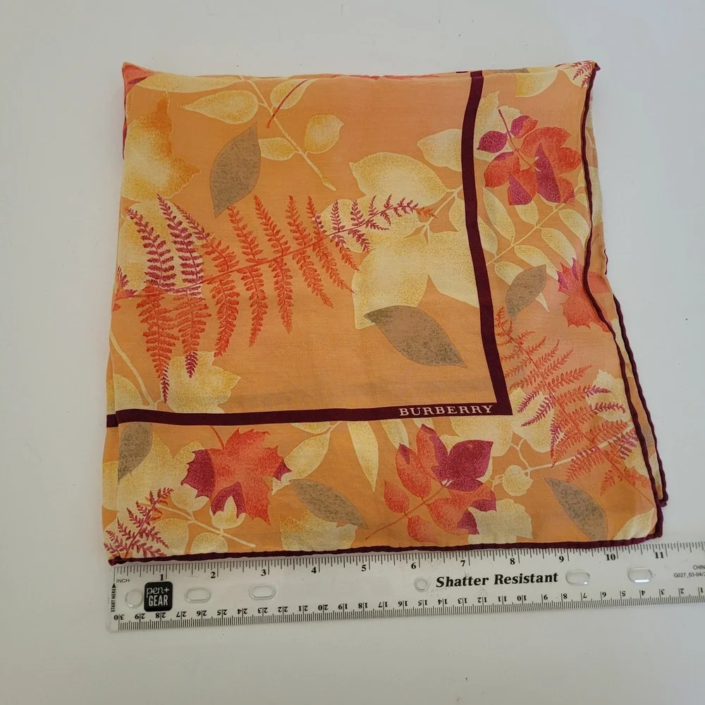 Burberry Silk Square Scarf Orange Yellow Autumn Leaf Fern Botanical Print 22x22